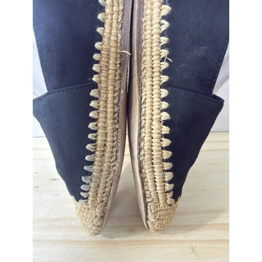Tory Burch Arianne Espadrilles Black Suede Raffia Logo Flats Women's Size 8M